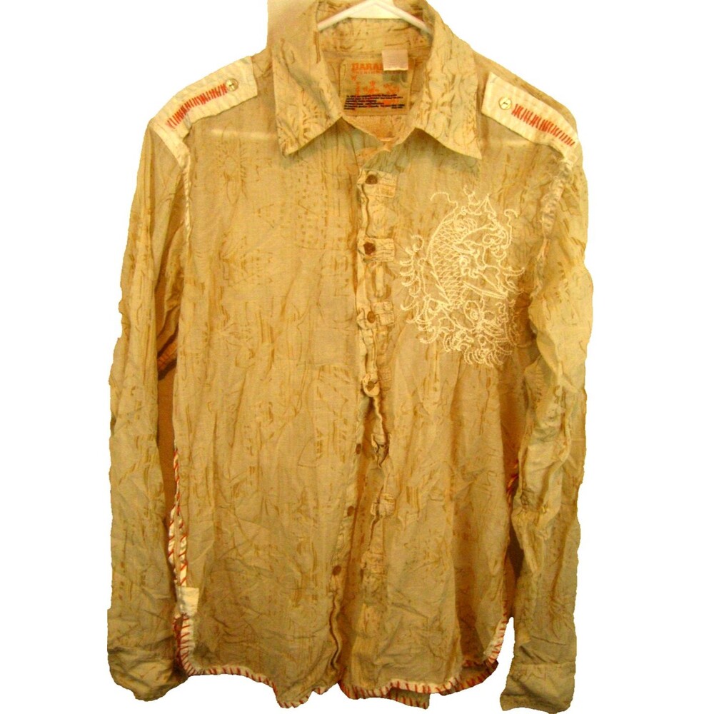 Womens ParaSuco Denim Tan Cotton LS Shirt Top w Embroidery sz Lg